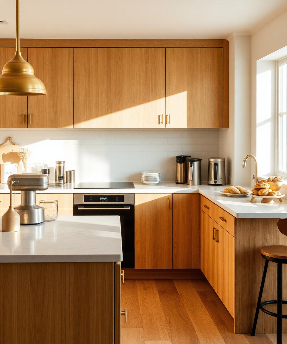 Warm minimalist kitchen with brass hardware